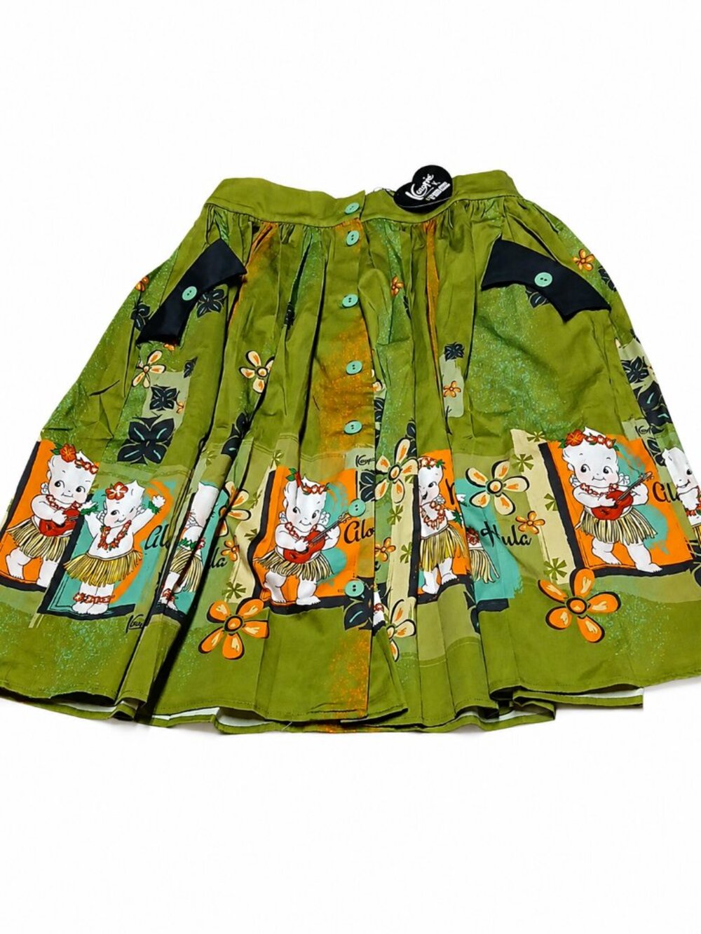 The Oblong Box Shop x Kewpie Hula Print Button-Front Midi Skirt Size M Tiki MCM